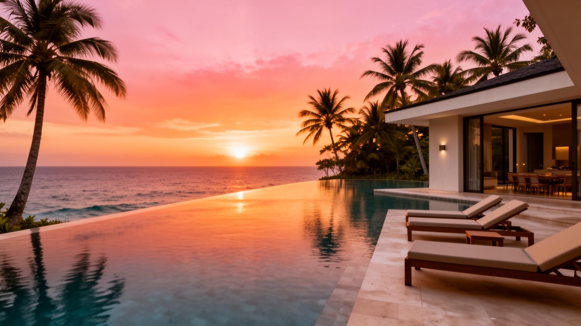 Infinity pool villa at sunset